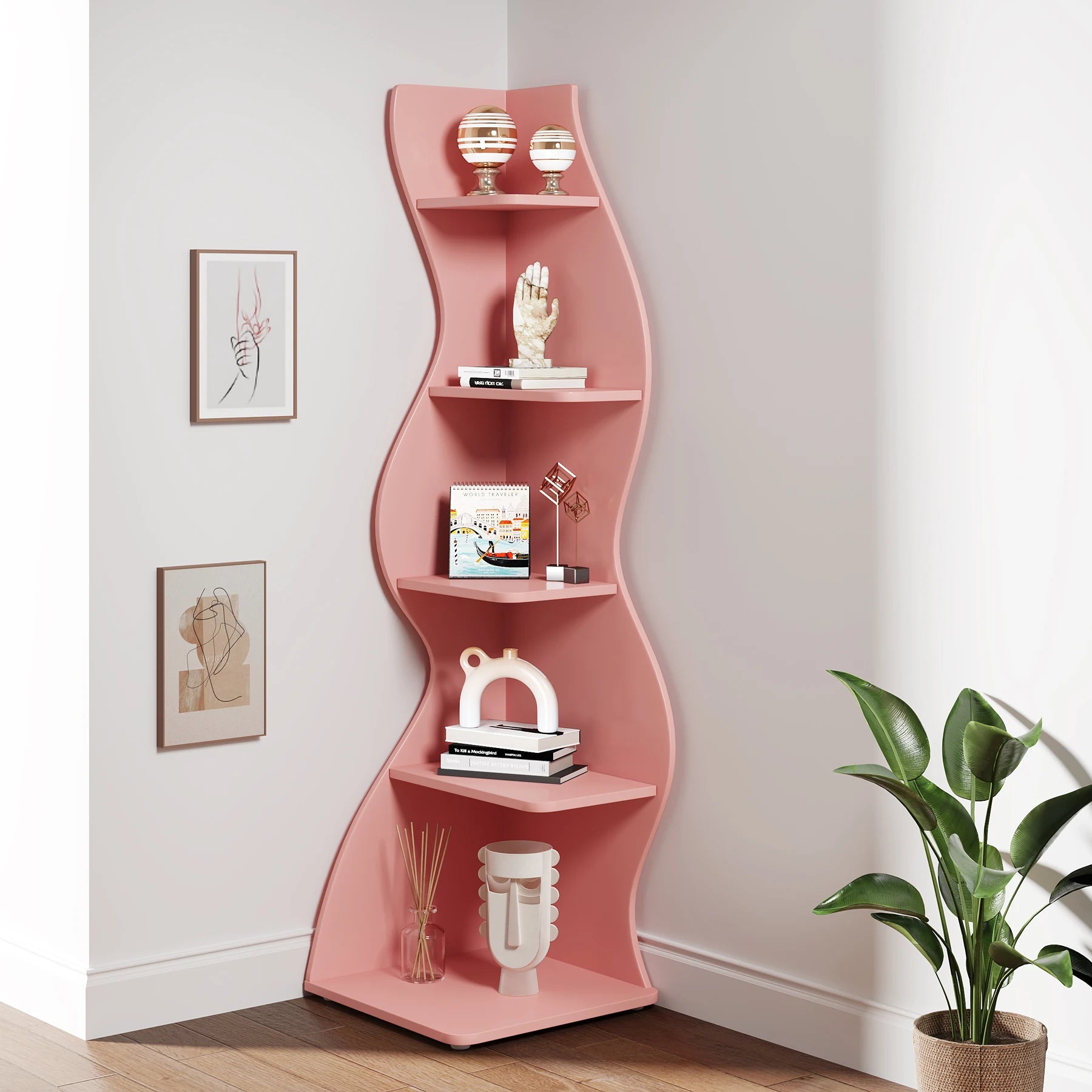 Tribesigns Modern 5-Tier Corner Bookshelf – Wall Corner Storage Rack & Plant Stand