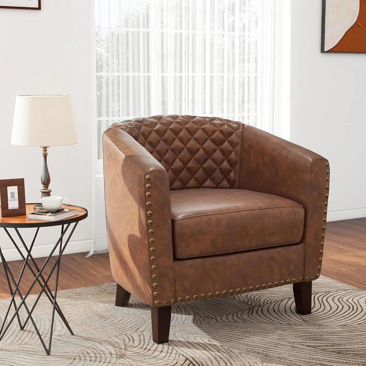 Pia Ricco Faux Leather Barrel Accent Chair – Modern Club Armchair with Wood Legs