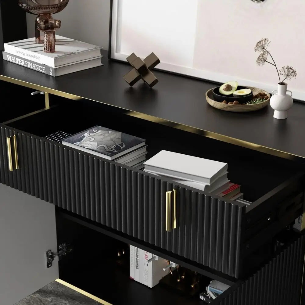 Black & Gold Buffet Cabinet with Drawers and Pop-Up Doors, Modern Sideboard Storage for Living Spaces (63W x 15.7D x 31.5H)