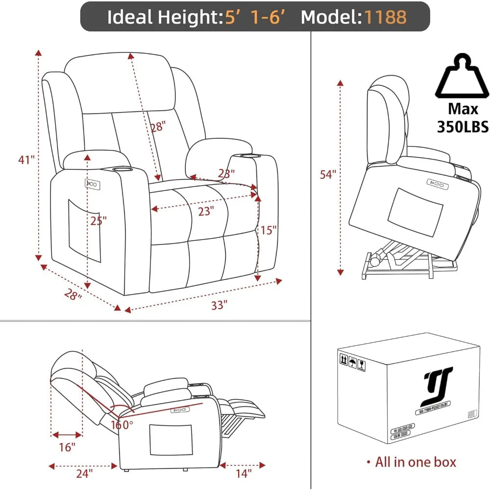 Lift Recliner Chair for Elderly with Massage and Heat, Reclining Sofa Chair with USB & Type-C Ports and Cup Holders, L1288