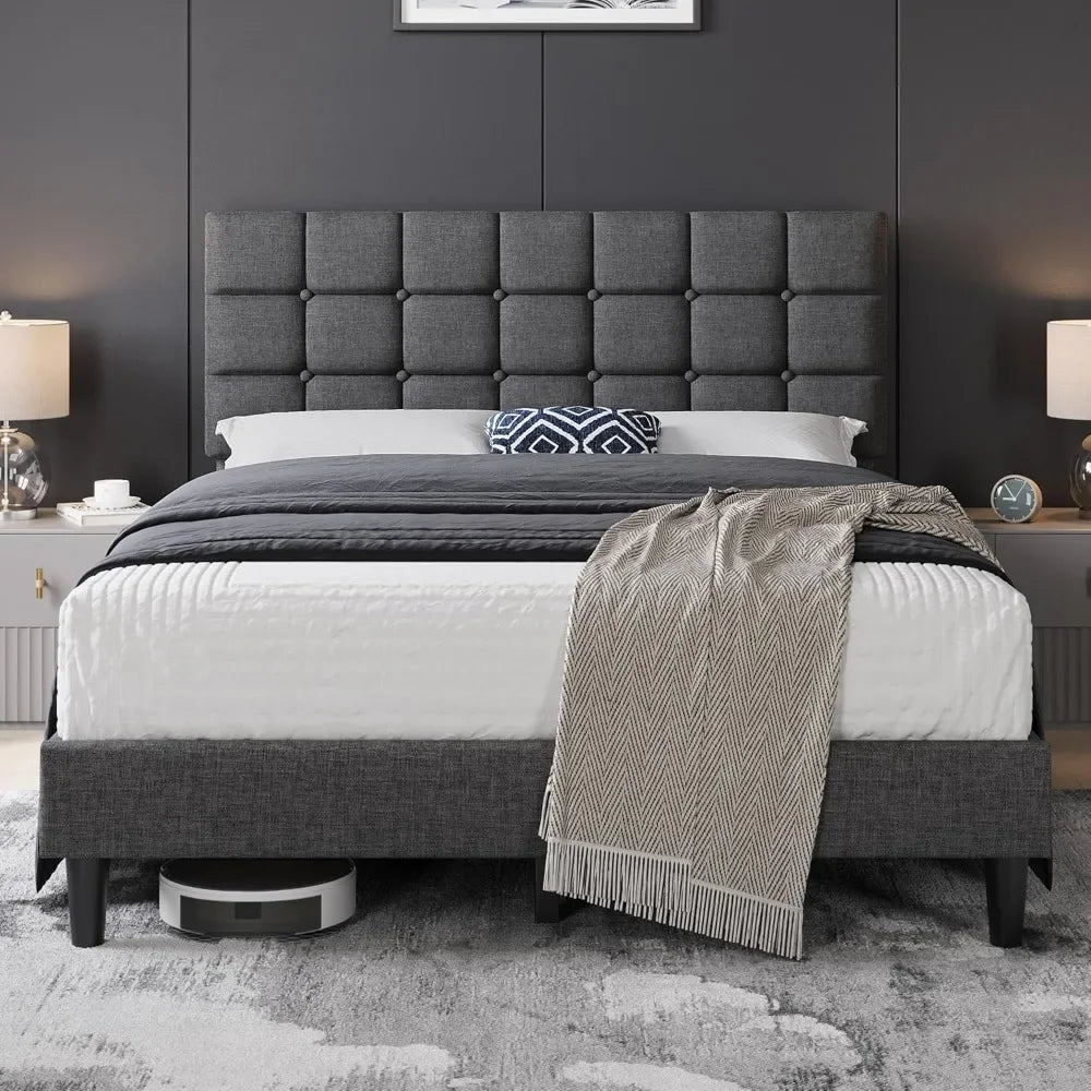 Modern Full Size Upholstered Platform Bed Frame – Square-Stitched Button Tufted Headboard