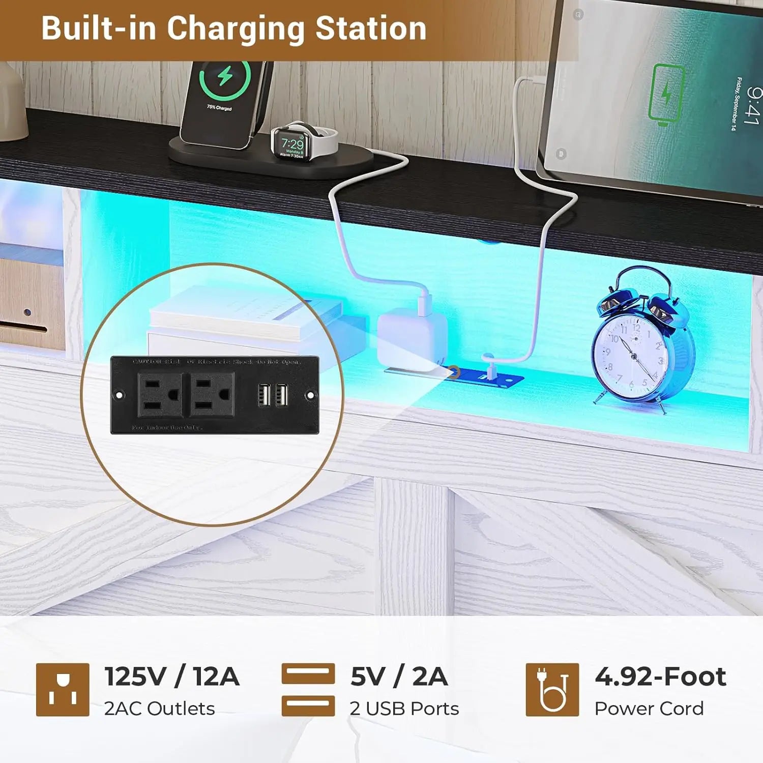 Grey King Size Upholstered Bed Frame with Bookcase Headboard – 4 Drawers & Hidden Storage