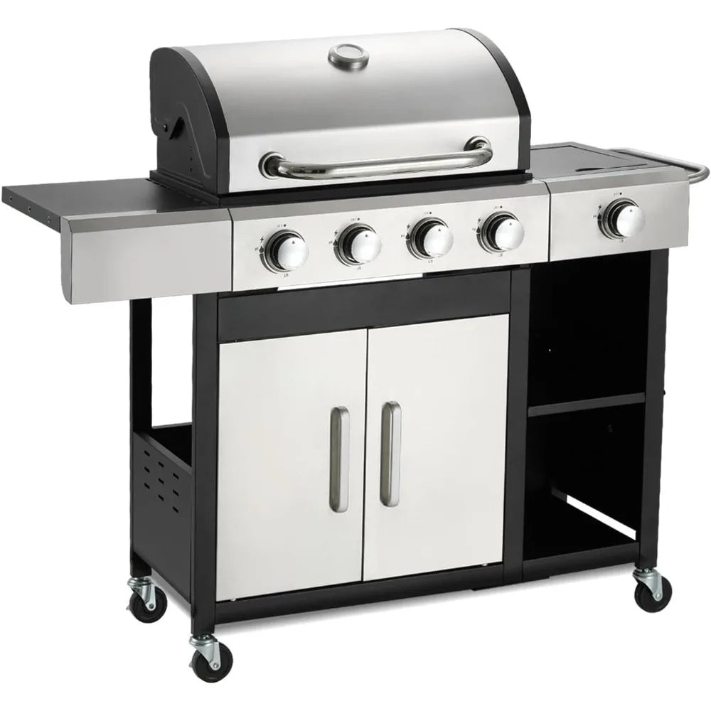 Stainless Steel 4-Burner Propane Gas Grill with Side Burner and Cabinet, 49,000 BTU Output, Porcelain-Enameled Cast Iron Grates