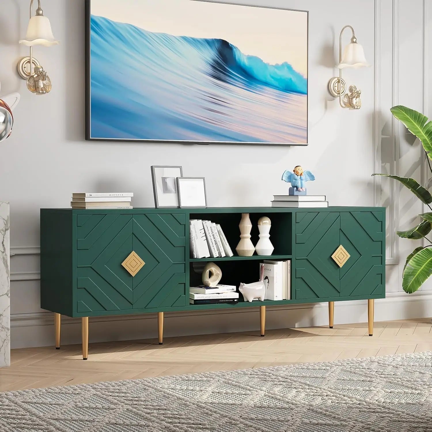 63'' White TV Stand for 65/70/75 inch TV, Entertainment Center with Storage Cabinets and Embossed Pattern Doors, Mid Century Mod