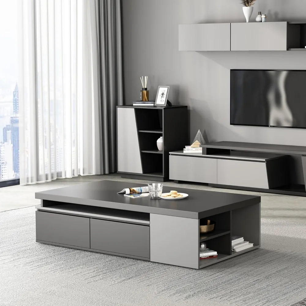TROEC Extendable Modern Coffee Table with Large Storage Drawers, Black & Grey