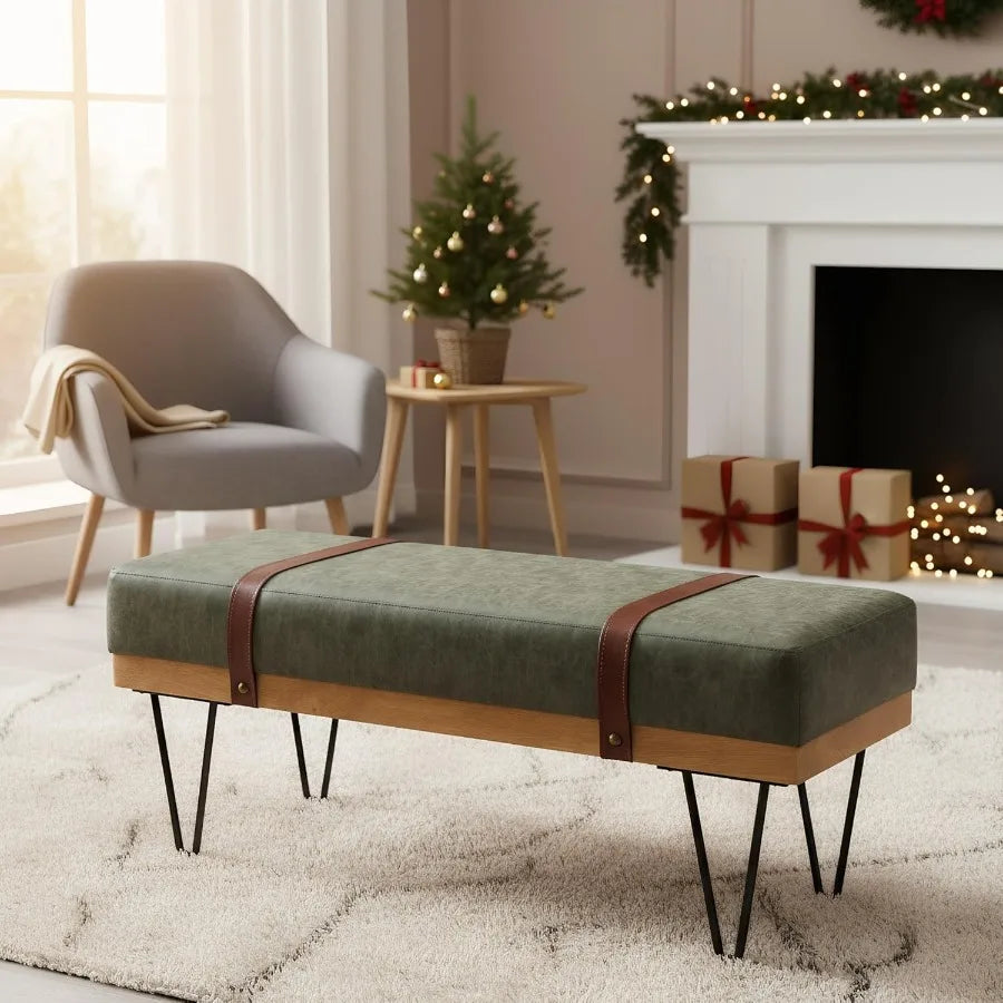 Green PU Leather Storage Ottoman Bench – 44″ with Industrial Hairpin Legs