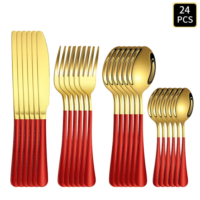 4/6/16/24pcs Gold red stainless steel cutlery 1010 round handle knife, fork and spoon household cutlery set