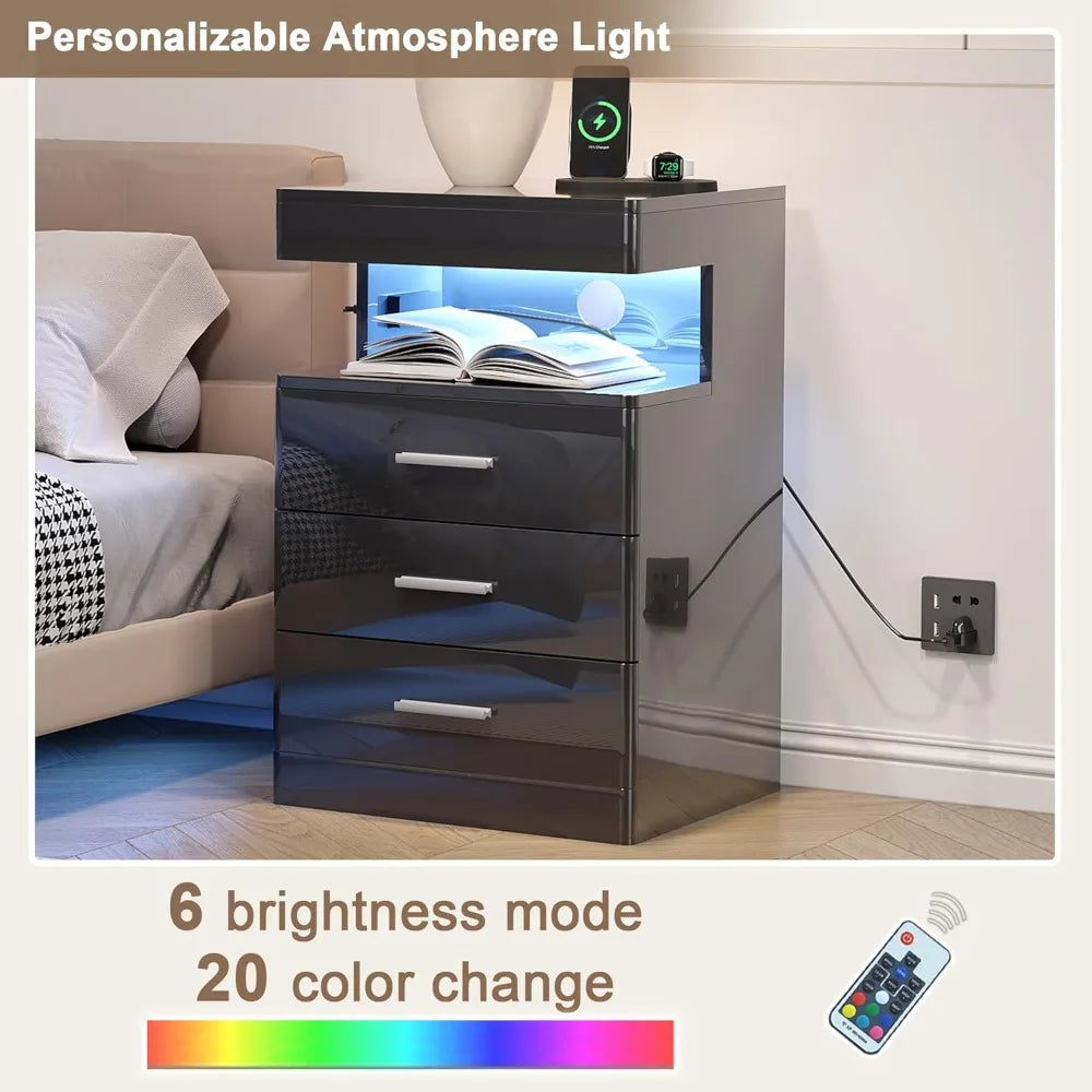 Contemporary LED Nightstand with Secret Compartment, Sleek Charging Station Night Stand, 3-Drawer Intelligent Nightstand with Gl