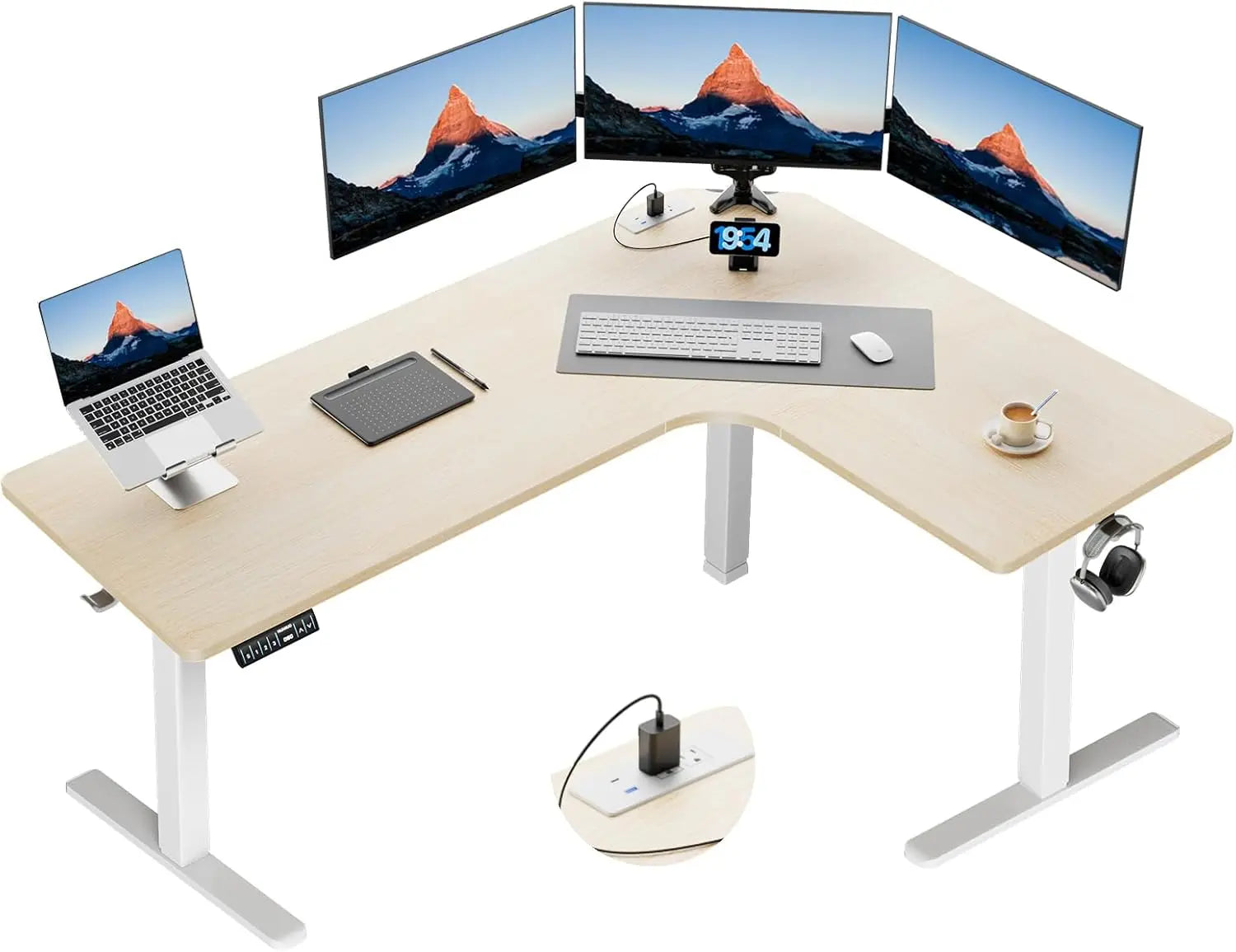 63″ Dual Motor L-Shaped Standing Desk, Built-in Power Outlets, Electric Height Adjustable Corner Computer Desk, Large Pow