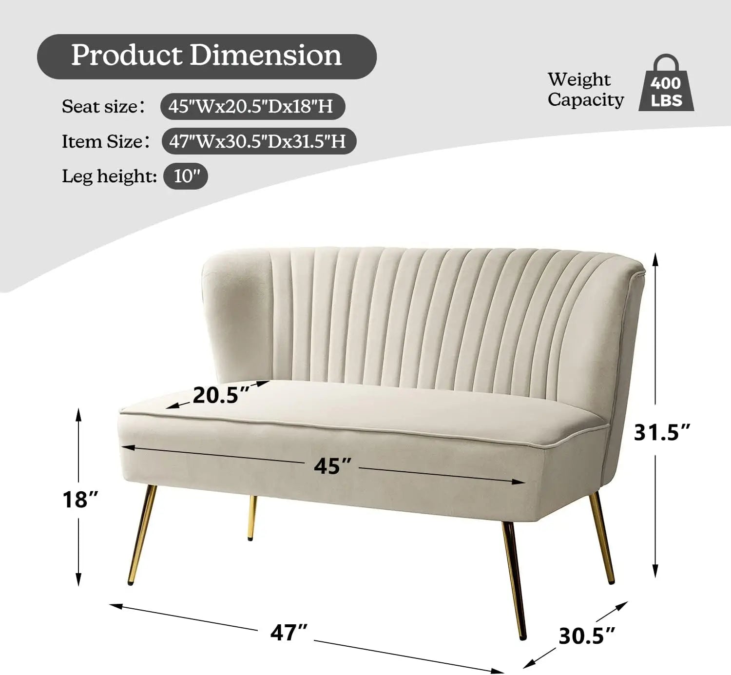 Contemporary Velvet Loveseat Sofa, Tufted 2-Seat Couch with Metal Legs, TAN