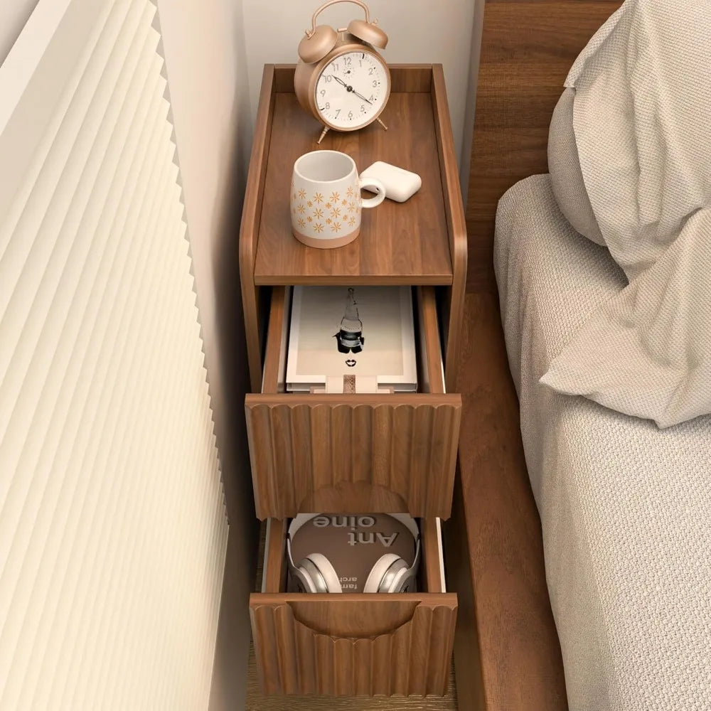 Narrow Fluted Nightstand Set of 2, Wooden Small 2 Drawer Nightstand, Slim Side End Table, Vintage Bedside Table, Mid Century Mod