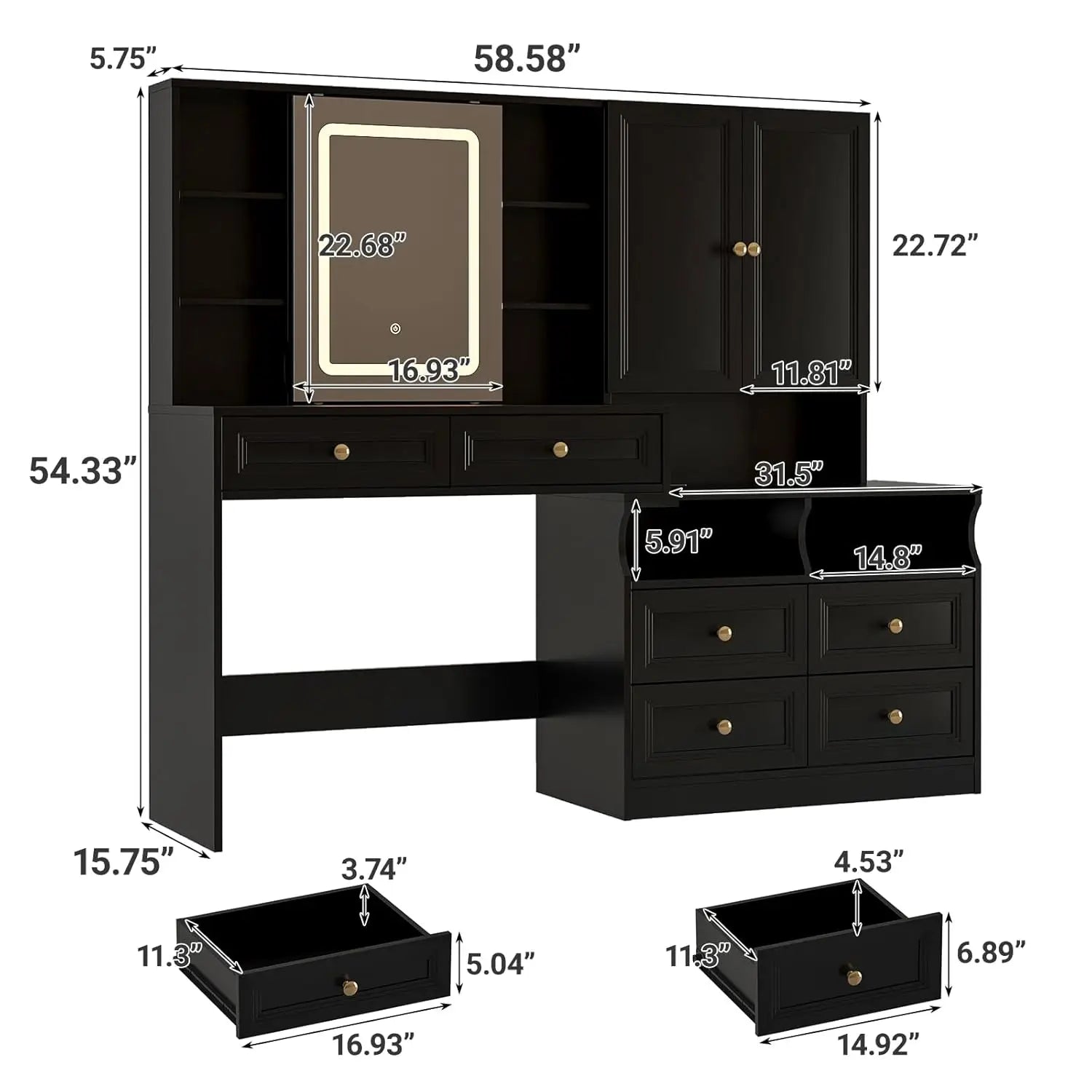 Large Black Vanity Desk with Sliding Mirror & Lights, Big 58.6" Makeup Vanity Table & Nightstand Combo with Power Outlet and 6 D