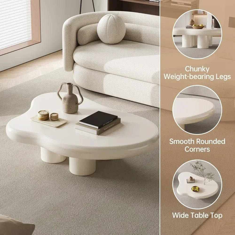 Cream White Cloud Coffee Table – 36 Inch Modern Living Room Accent Table with 4 Legs