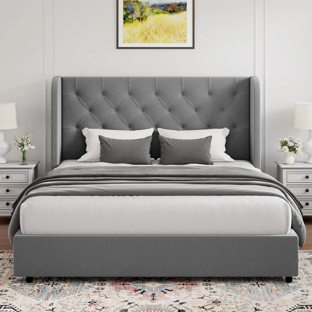 Velvet Upholstered Platform Bed Frame with Headboard – Curved Wingback Design