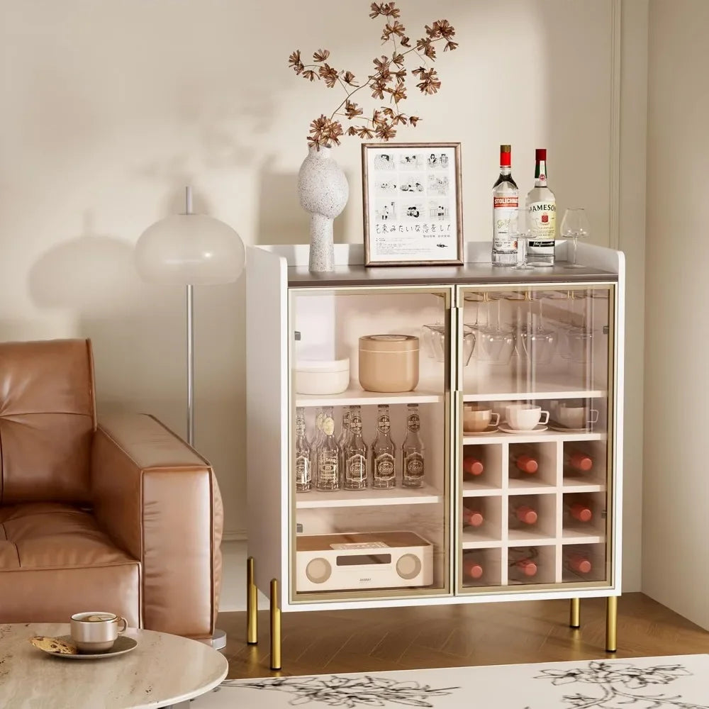 Modern White Coffee Bar Cabinet – Aluminum Frame Glass Door Wine & Liquor Sideboard