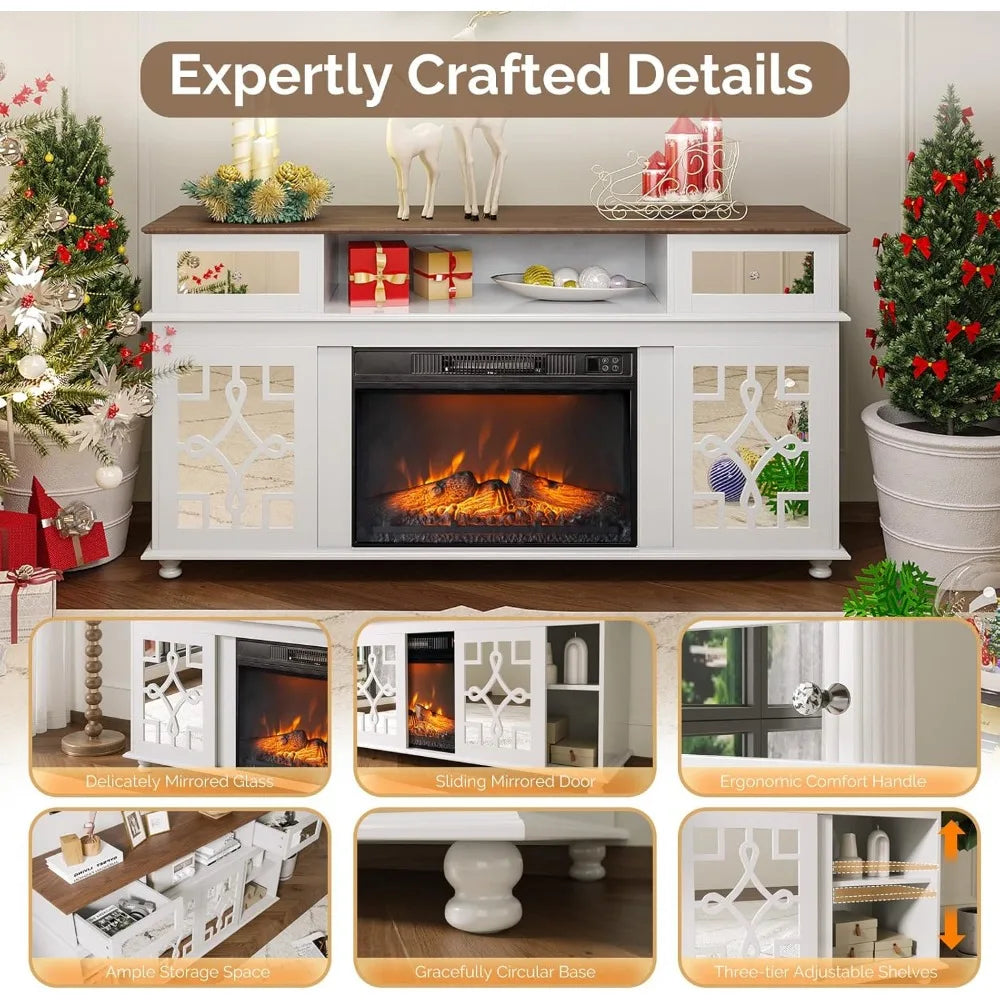 Fireplace TV Stand with Sliding Mirrored Door for TVs up to 70", Entertainment Center with Storage Cabinet and Shelves, Media C