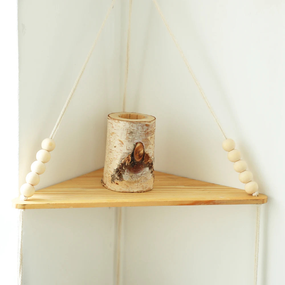 Macrame Hanging Shelf Wall Decor Handmade Rope Rustic Wood Floating Wall Shelf Display Stand Corner Wall Shelf For Photos Plant