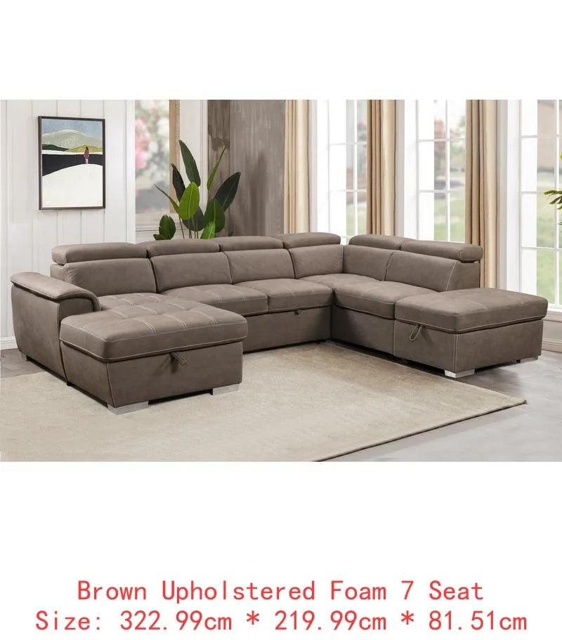 U-Shaped 128" Reversible Sectional Sofa Set with Ottoman, 7-Seater Modular Couch with Storage, Adjustable Headrest, Brown