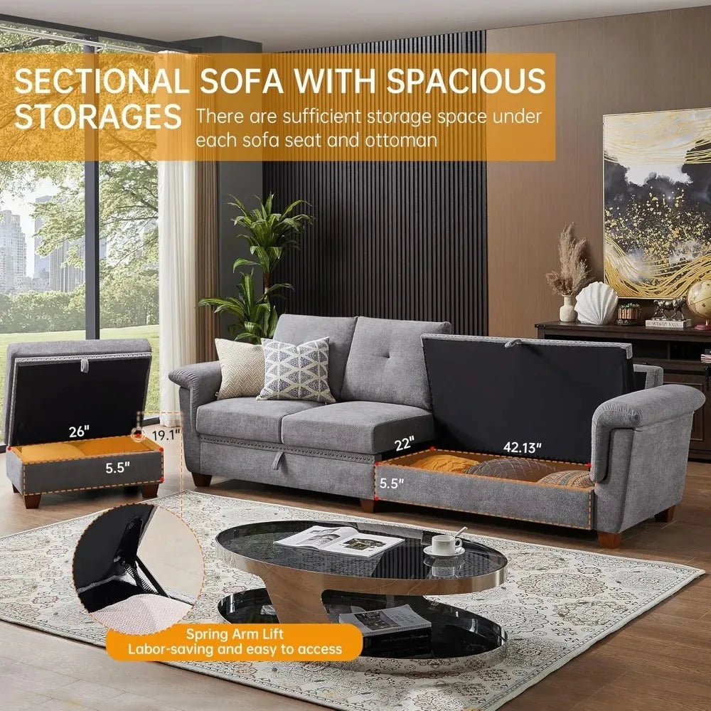 4 Seat L Shaped Convertible Sofa with Storage Chaise And Cup Holder Modern Microfiber Fabric Couch for Living Room