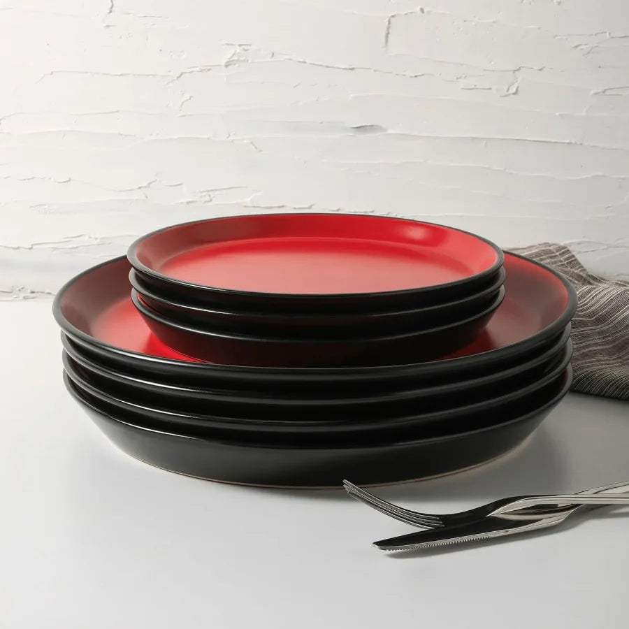 Albie Stoneware 32 Piece Dinnerware Set Plates and Bowls Sets Dish Set for 8 Red and Black Microwave and Dishwasher Safe