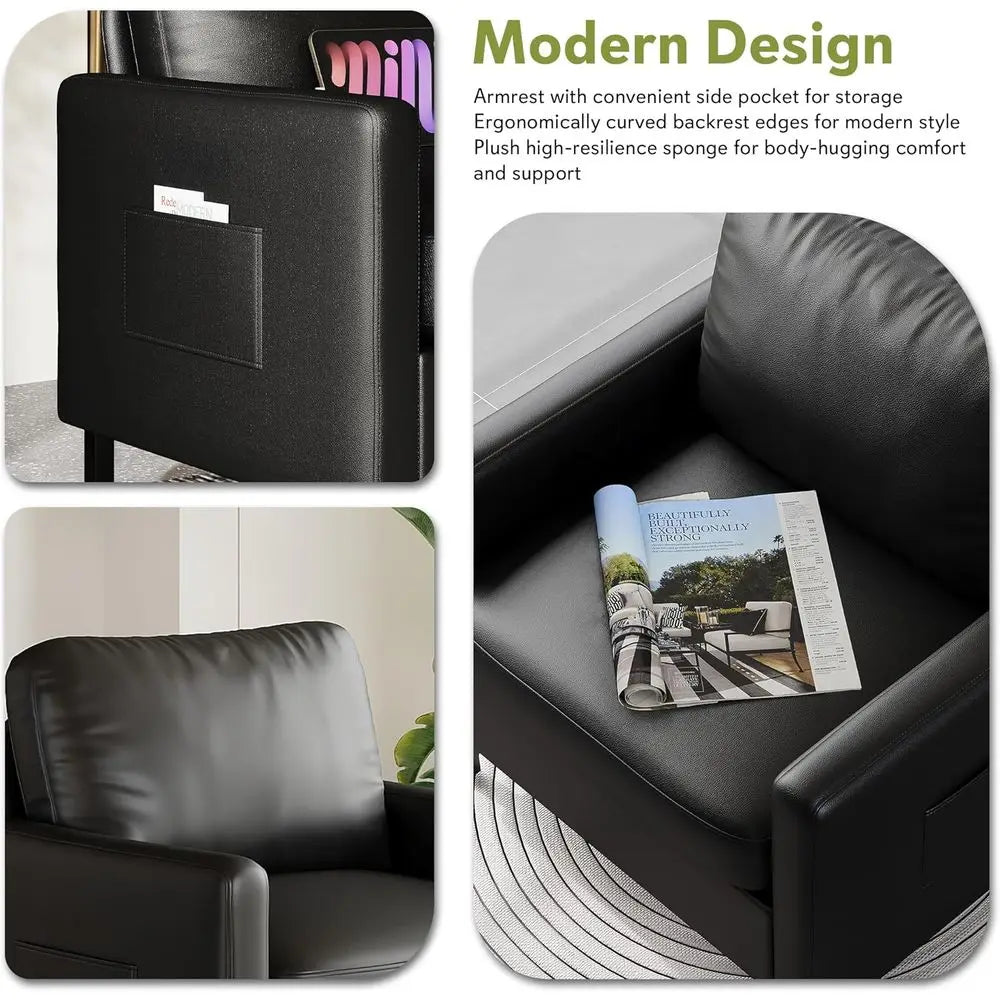 Black Leatherette Accent Chairs – Set of 2 with Arms and Metal Frame