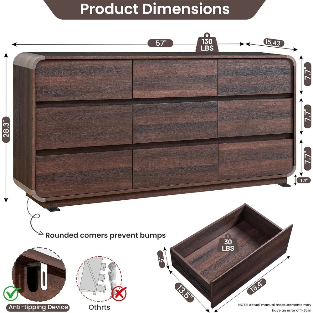 9 Drawer Double Dresser for Bedroom, Modern Curved Wood Chest Drawers of Handleless, Large Storage Dresser Bedroom, Living Room