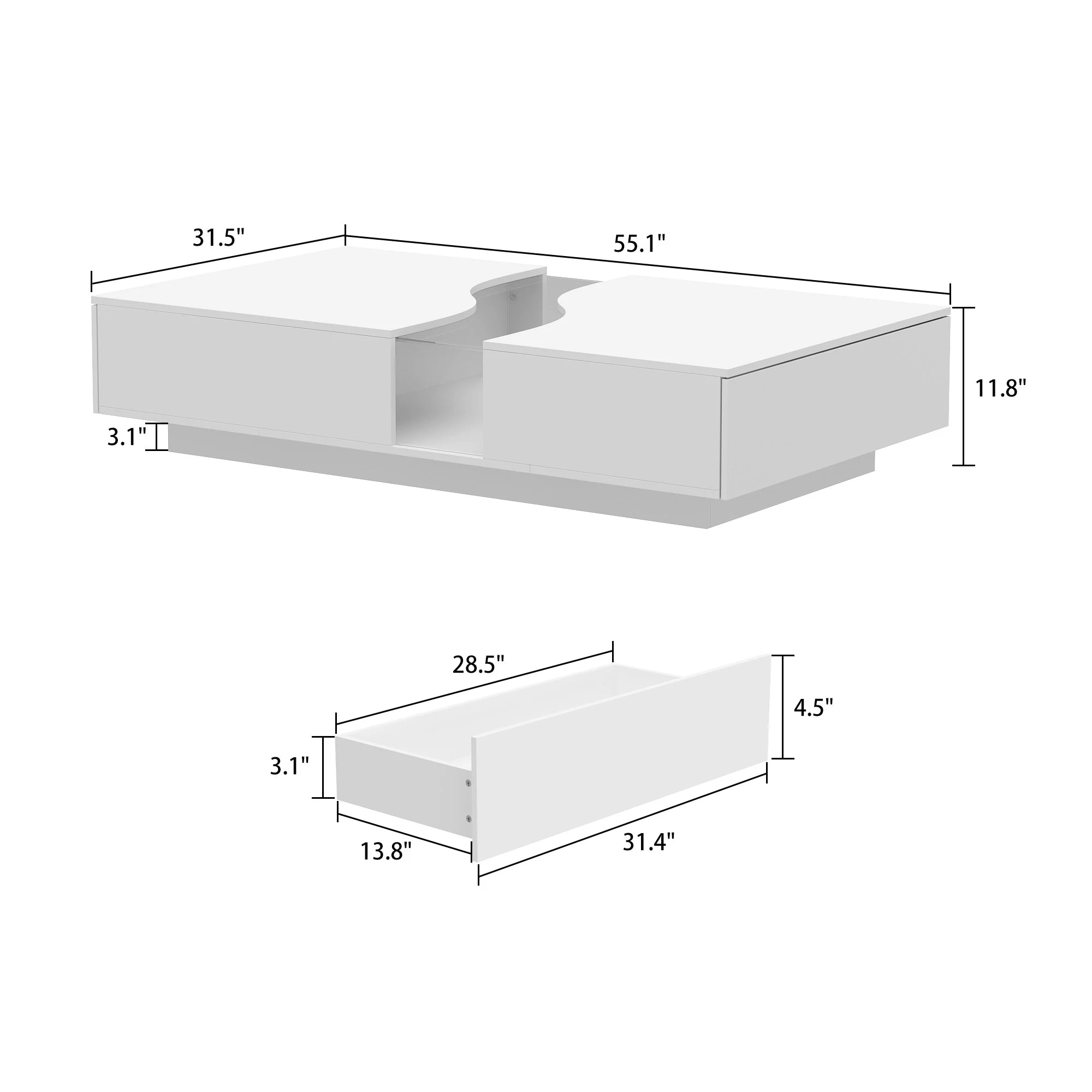 Modern LED Coffee Table – 55.1” Wide Center Table with 2 Storage Drawers