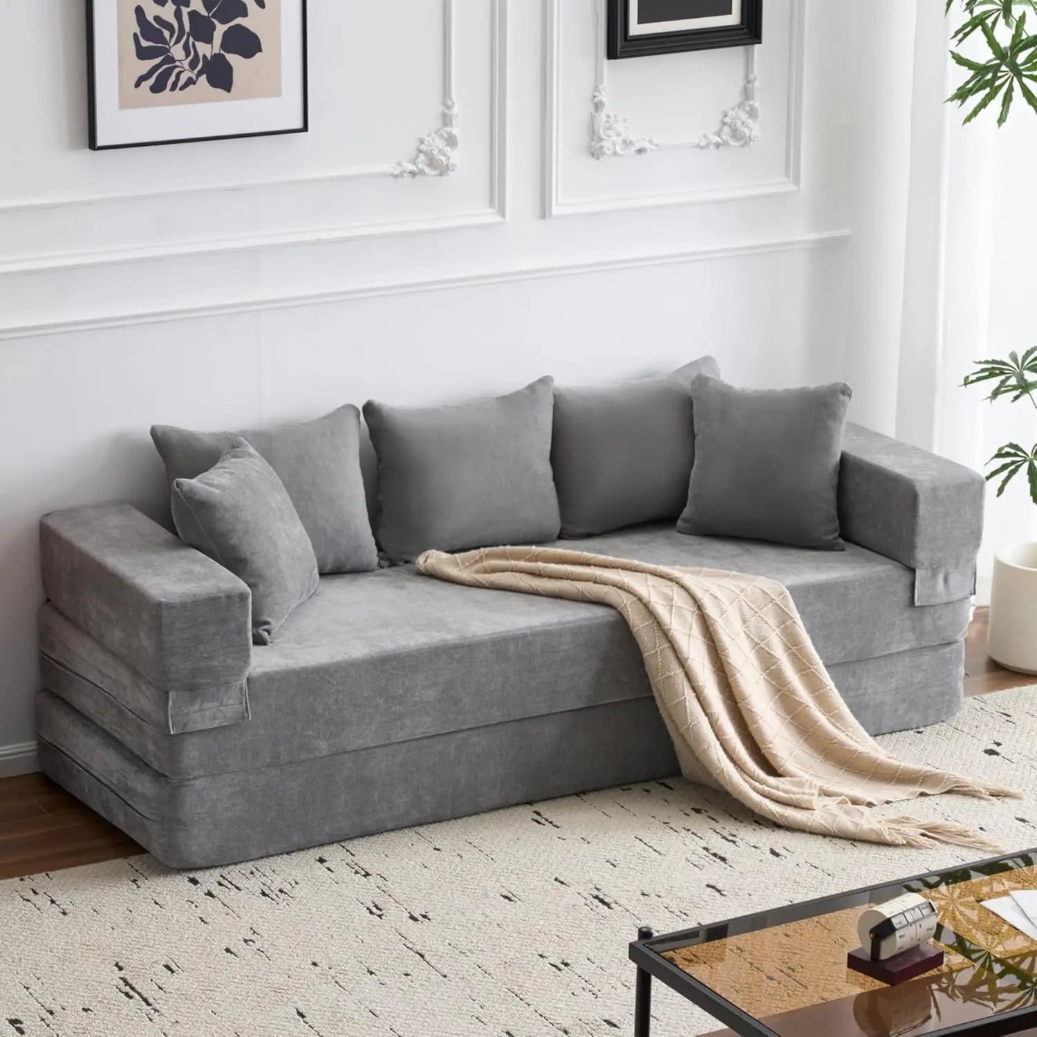 4-in-1 Convertible Folding Sofa Bed Queen, Sleeper Sofa Couch with Armrest and Pillows, Chenille Fold Out Floor Chaise Lounge