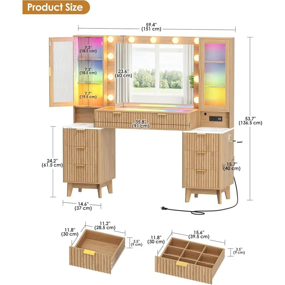 LED-lit 30.1 Mirror Vanity Desk with 8 Drawers, Glass Top, Power Outlet, Natural Oak Makeup Table for Bedroom