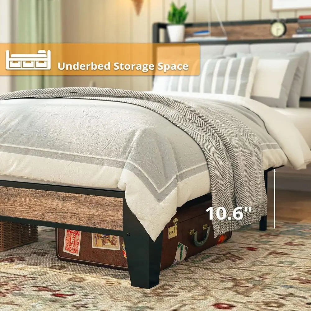 Twin Bed Frame with Storage Headboard & Charging Station – Solid, Noise-Free Platform Bed