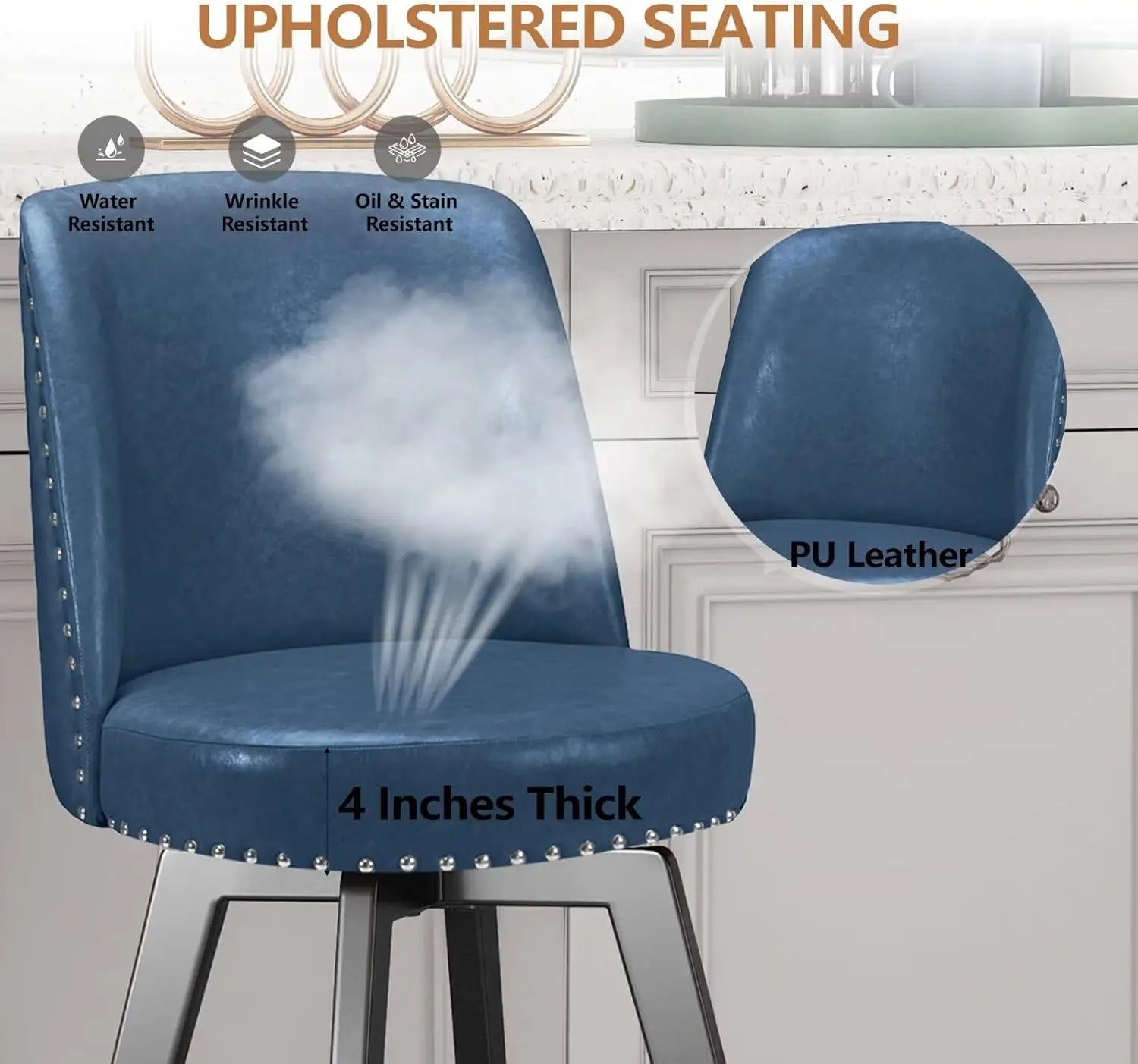 Swivel Counter-Height Bar Stools – PU Leather High Back with Footrest (Navy Blue)