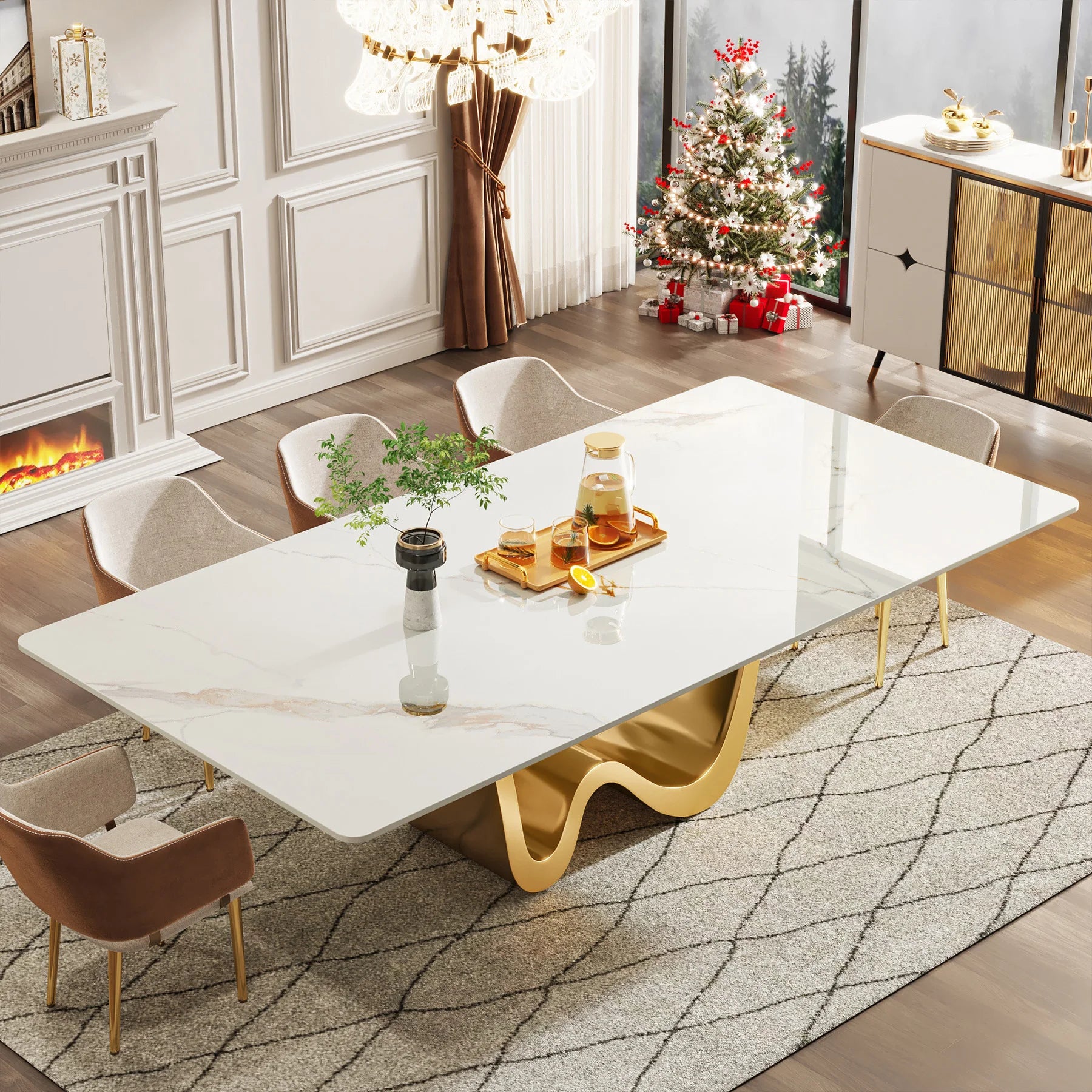 Tribesigns 78.74" Sintered Stone Dining Table for 6-8, Modern Rectangle Dining Table, Luxury White & Gold Kitchen Table