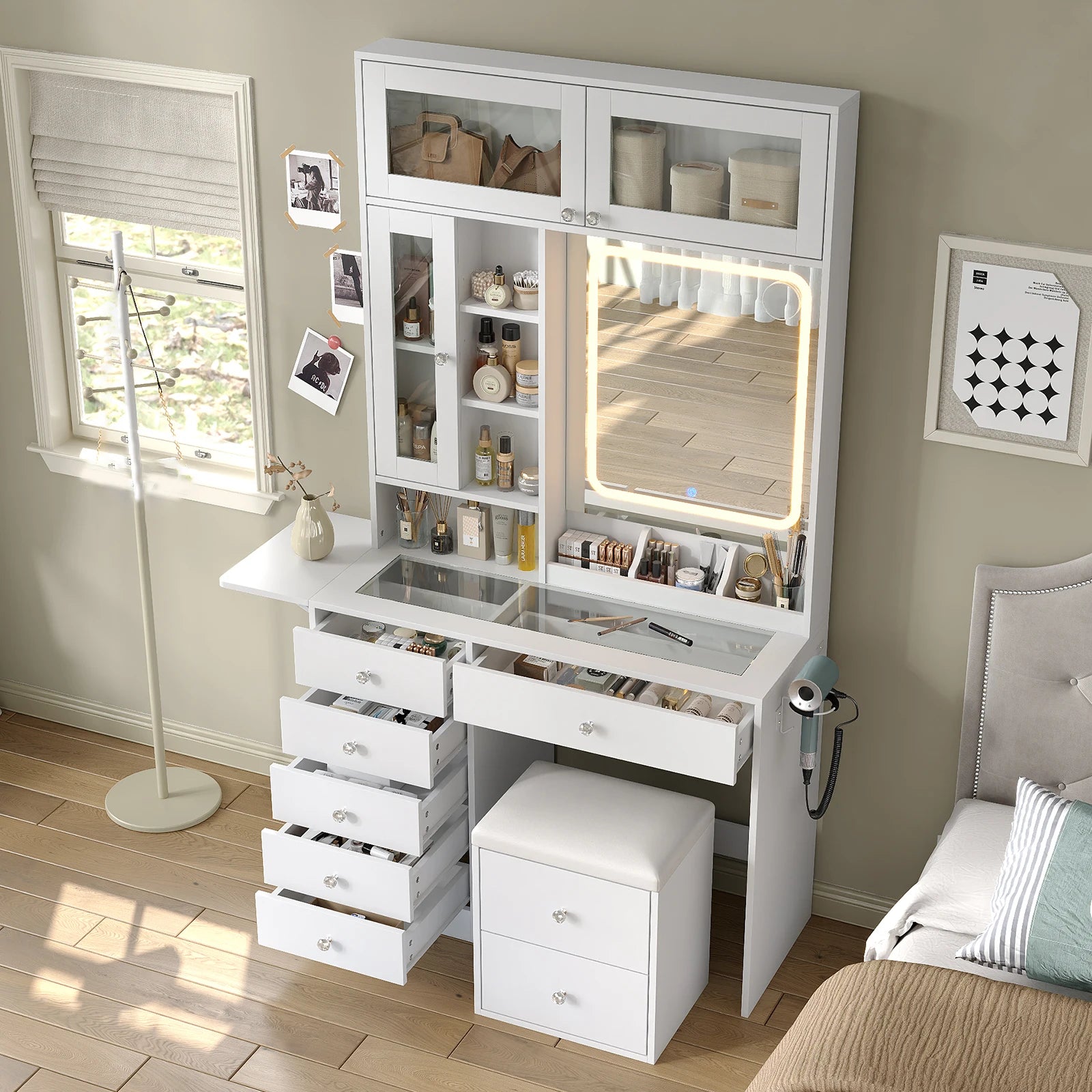Vanity Desk with Mirror, Lights, Drawers, Stool, White