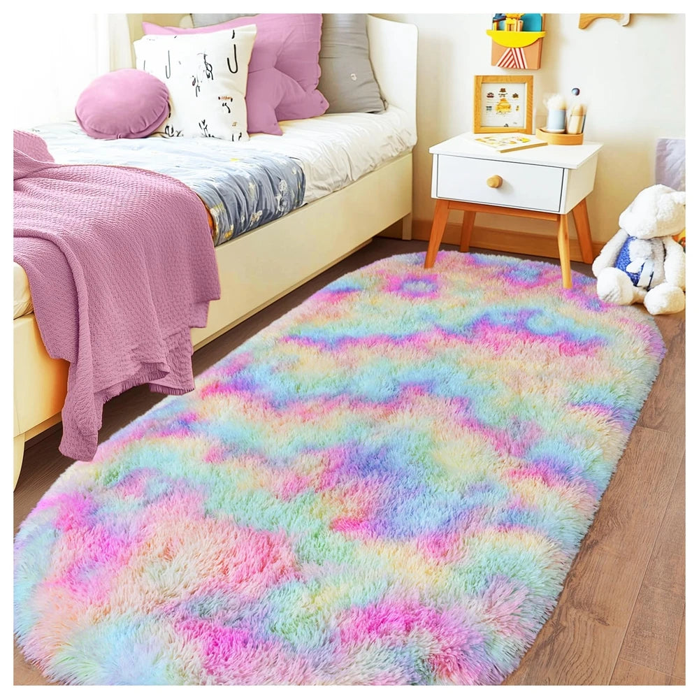 Tie Dye Light Gray Carpet Oval Fluffy Plush Bedside Mat Children's Bedroom Moisture-Proof Mat Living Room Home Decoration Rugs