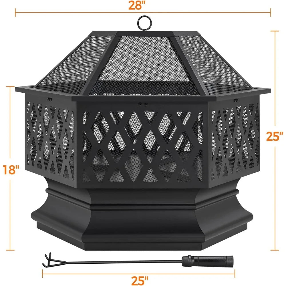 28in Hex Shaped Fire Bowl - Large Wood Burning Outdoor Fire Pit with Spark Screen & Poker for Bonfire, Picnic, BBQ