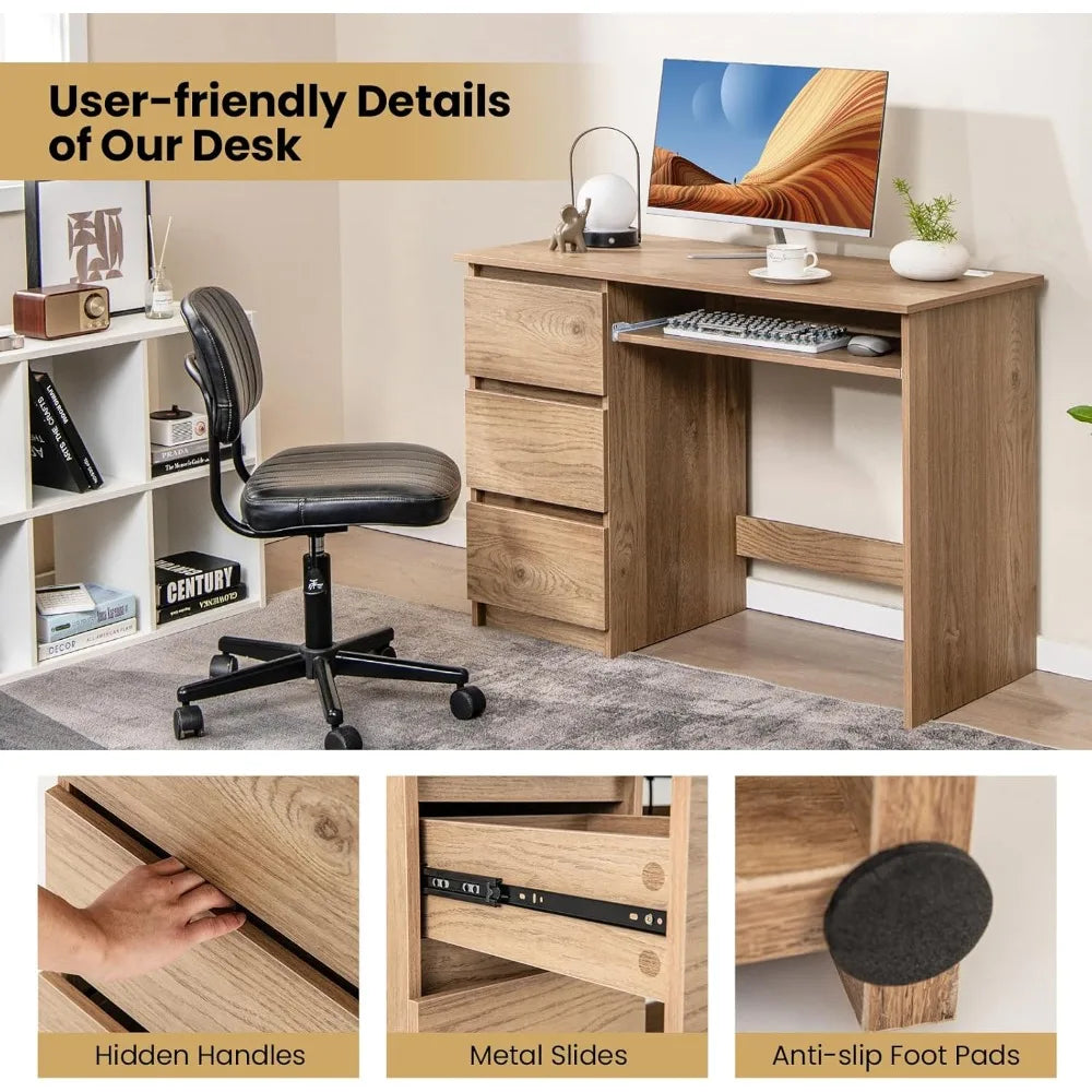 Computer Desk with 3 Storage Drawers & Built-in Charging Station, Home Office Desk with Keyboard Tray, PC Desk Study