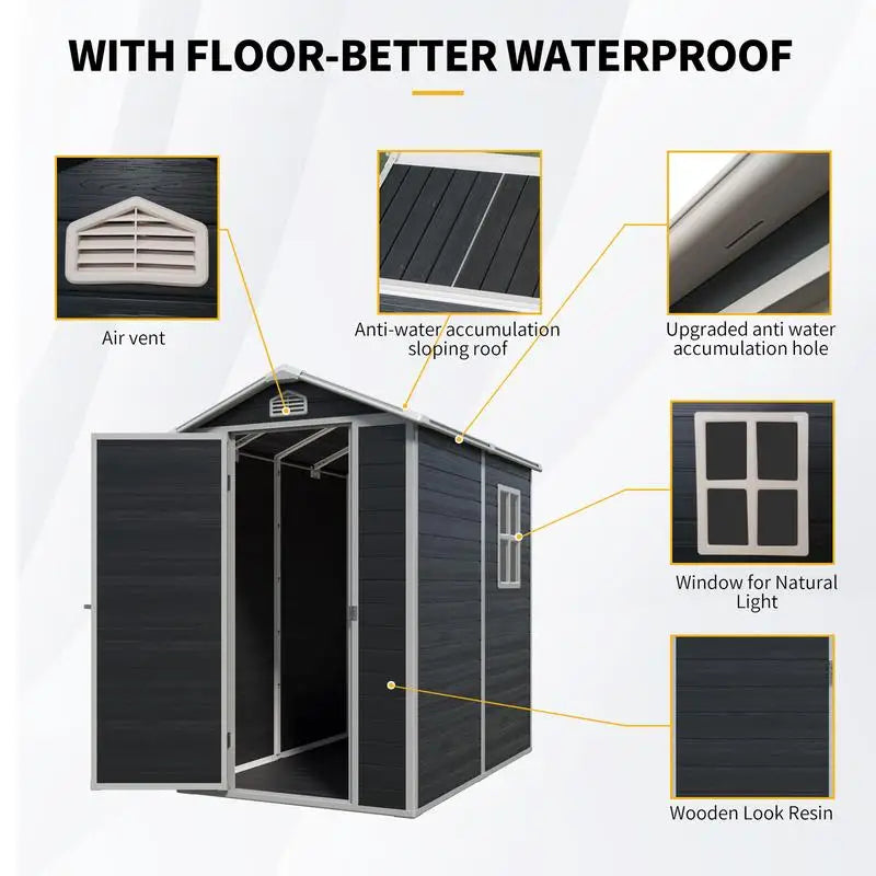 4ft x 6ft Outdoor Plastic Storage Shed with Floor, Black, Weather-Resistant, Durable Garden Storage Solution