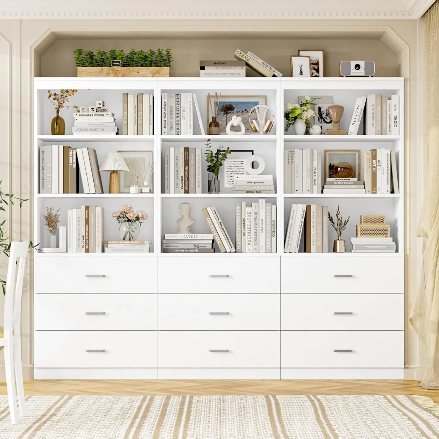 71' White 3-Tier Bookshelf with Drawers, Tall Storage Cabinet for Home Office