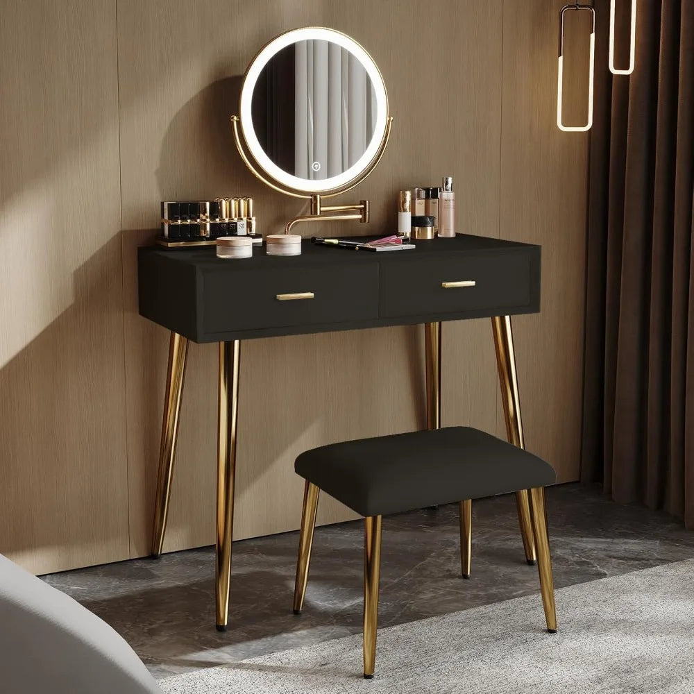 Makeup Vanity Desk with Mirror and Lights, Small Vanity Table with 2 Drawers, Stool,Vanity Set for Bedroom with Microfiber