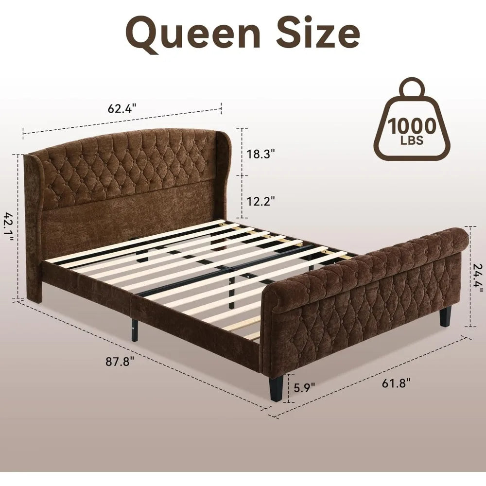 Queen Size Sleigh Bed Frame – Chenille Upholstered Wingback Headboard with Button-Tufted Scroll Footboard