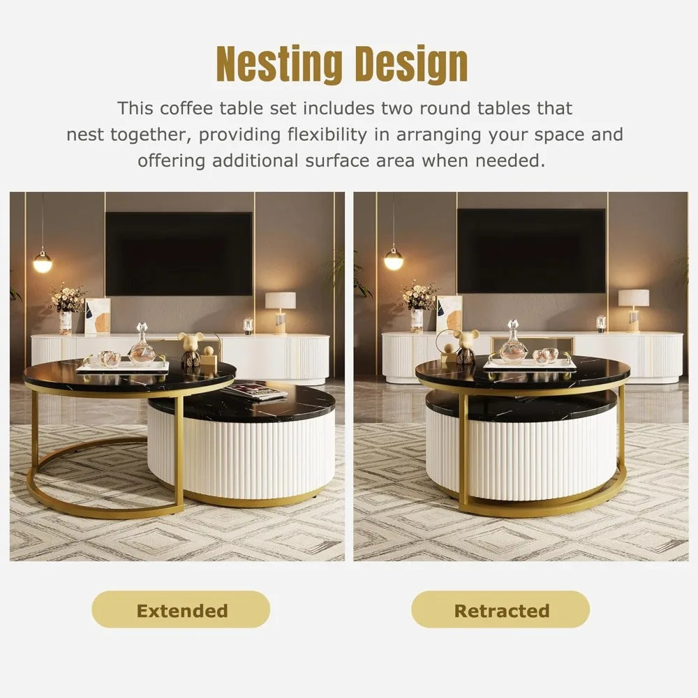 27.6” Black & Gold Nesting Coffee Table Set of 2 – Modern Round Tables with Storage Drawer