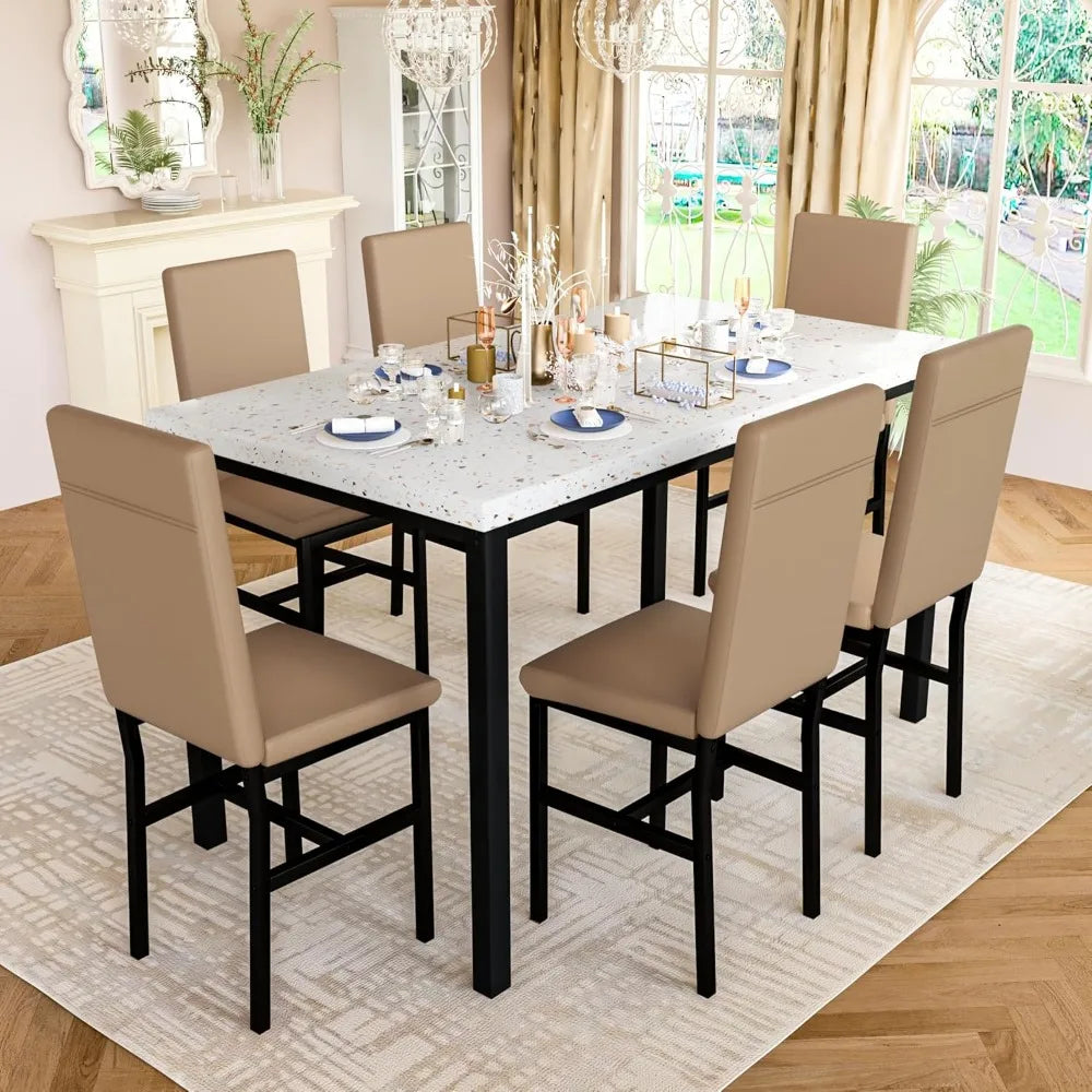7-Piece Faux Marble Dining Table Set for 6 – Dining Room Table with 6 PU Leather Chairs