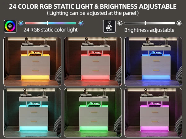 JDPAG LED Nightstand, RGB Black Night Stand with USB/Wireless Charging Station, Modern Bedside Table has Auto Sensor RGB Lights