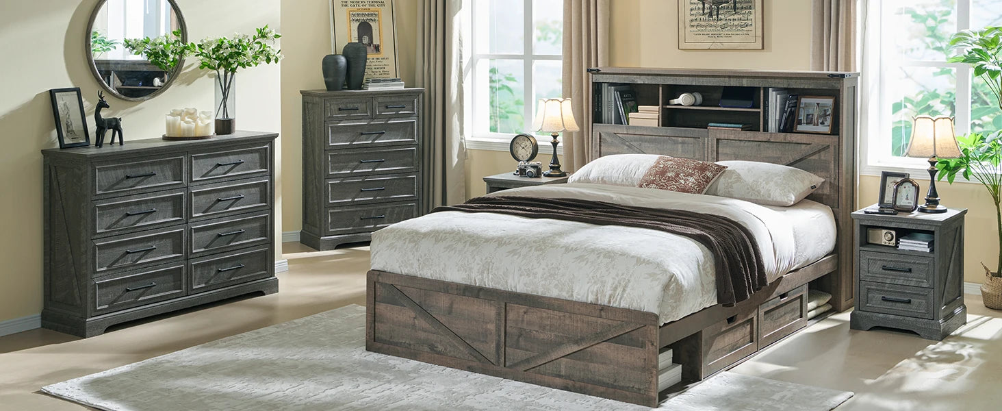 King Size Farmhouse Wood Bed Frame with Storage Bookcase Headboard, LED Light & Charging Station (Black)