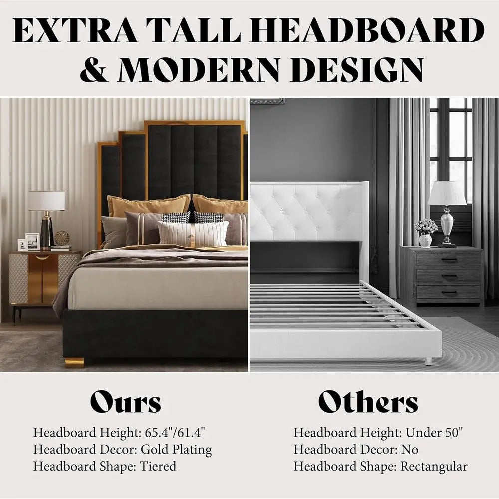Modern Velvet Queen Bed Frame – 61.4″ Tall Gold Headboard (Black)