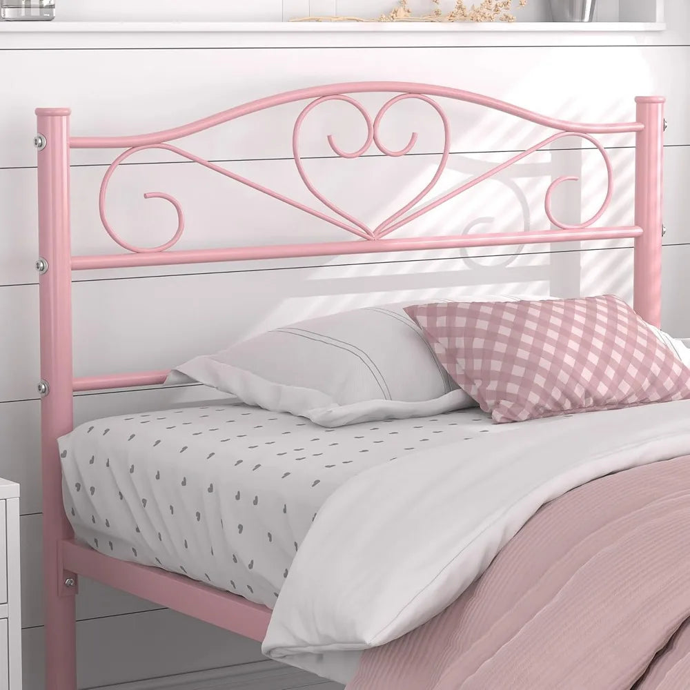 14″ Twin Metal Platform Bed Frame with Headboard – Heavy-Duty Support (Pink)