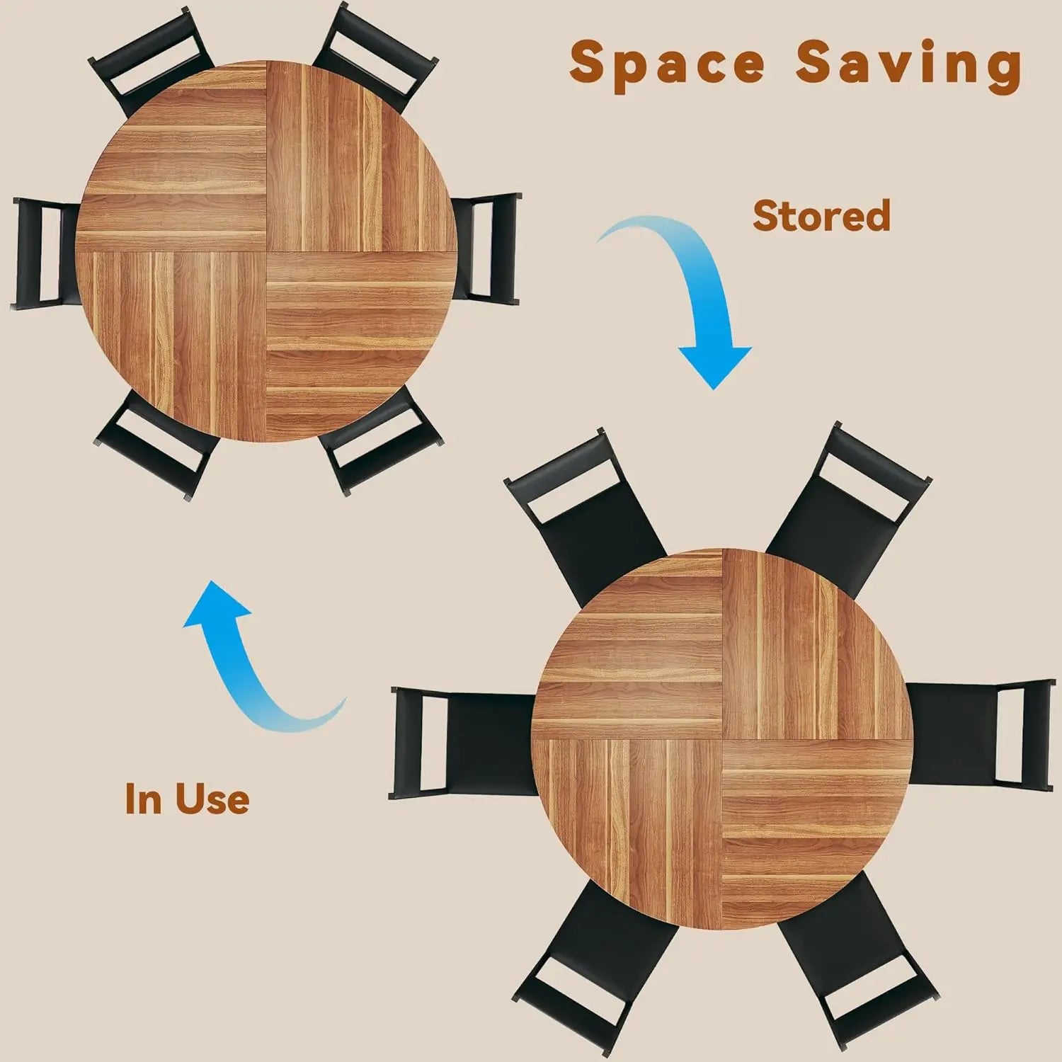 7-Piece Round Dining Table Set for 6, 47'' Wood Base Table with 6 Chairs, Brown, Space-Saving Kitchen & Living Room Furniture