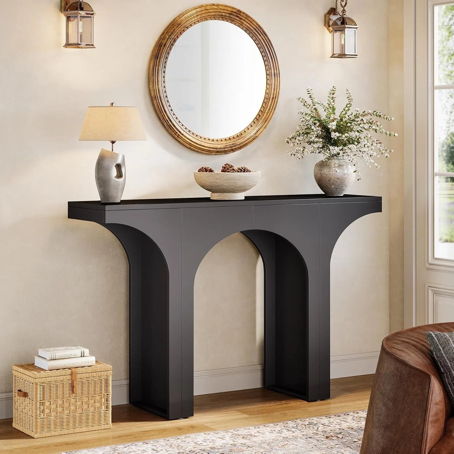 47-Inch Modern Black Console Table for Entryway, Narrow Sofa Table with Arched Design, Foyer Accent Table for Hallway