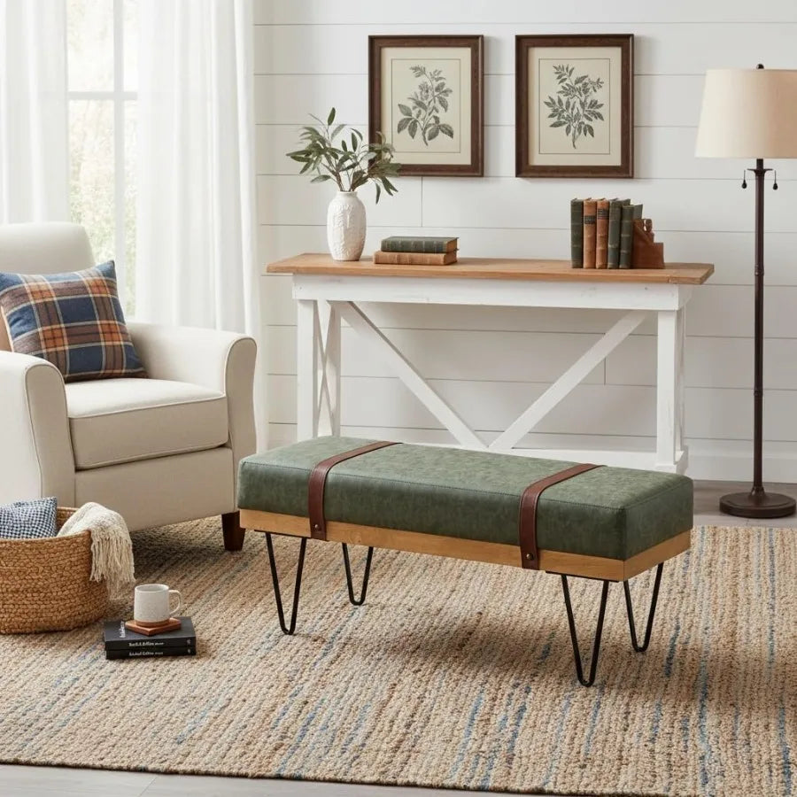 Green PU Leather Storage Ottoman Bench – 44″ with Industrial Hairpin Legs
