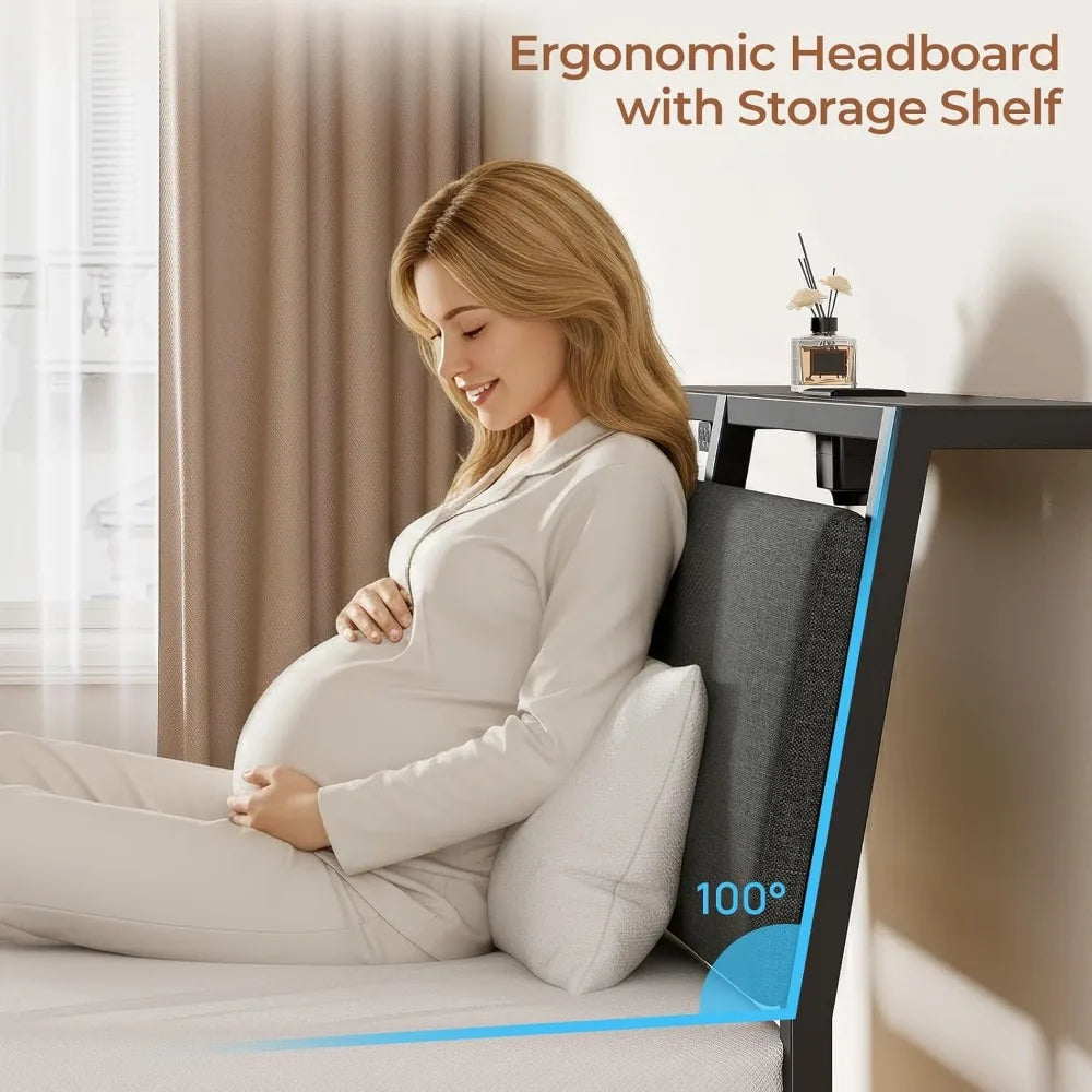 Upholstered Twin Size Bed Frame with Ergonomic Storage Headboard, LED Light & Charging Station